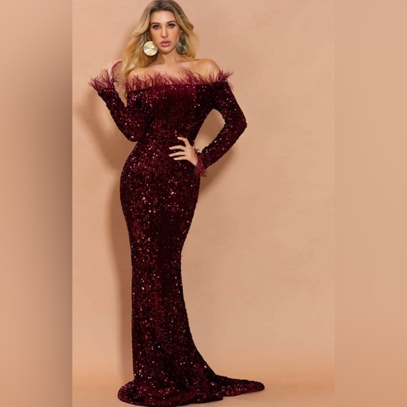 Miss ord Dresses & Skirts - Miss ord Sexy Off Shoulder Feather Longsleeve Sequin Floor Length